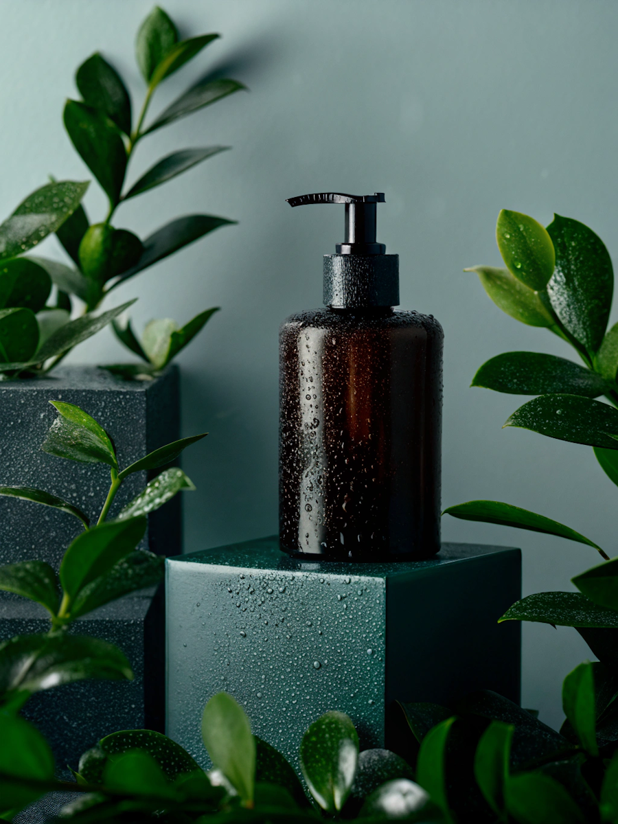 Frasco de cosmético âmbar com pump em meio a folhas verdes