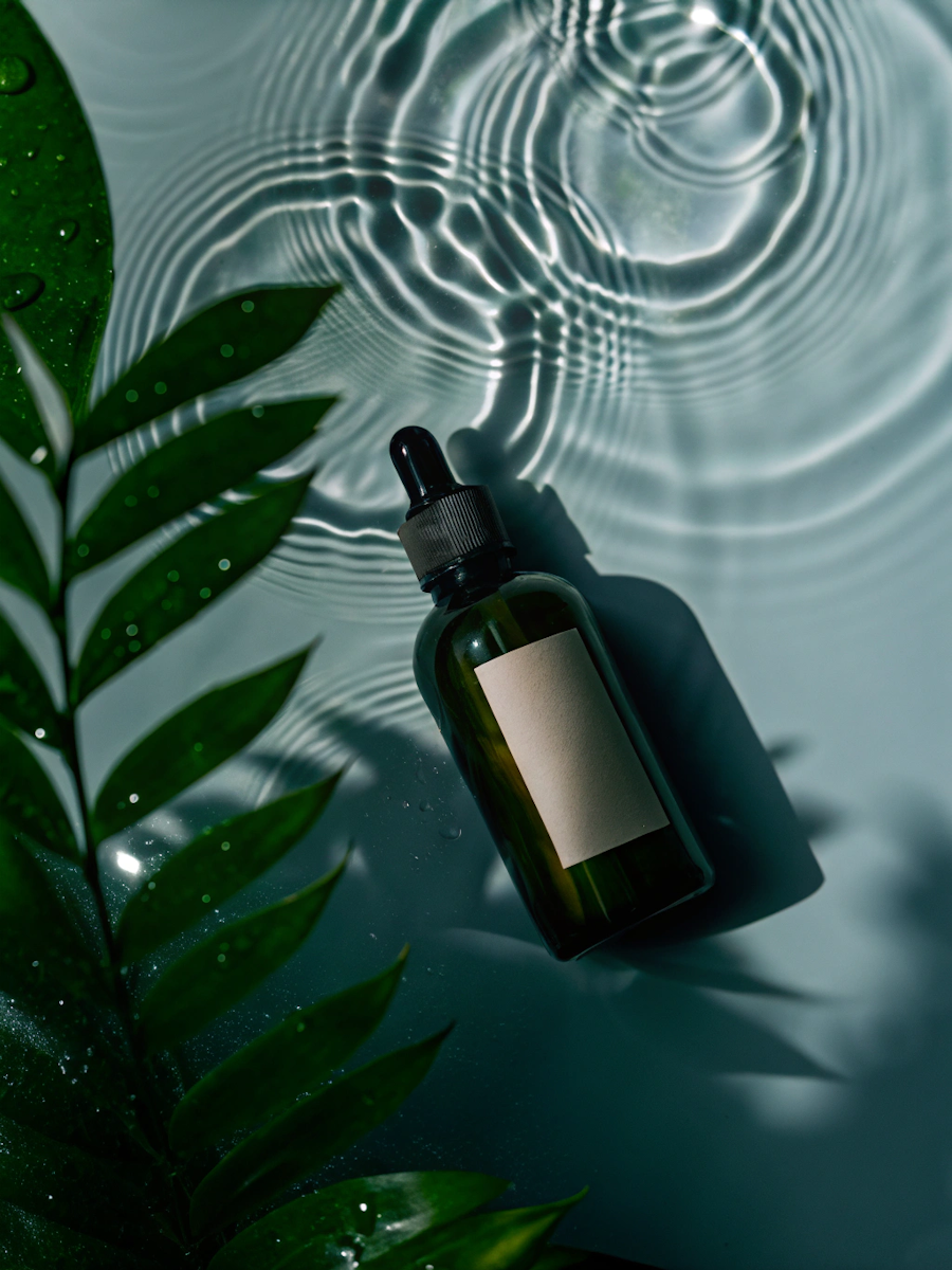 Frasco verde de vidro com conta-gotas sobre água e folhas