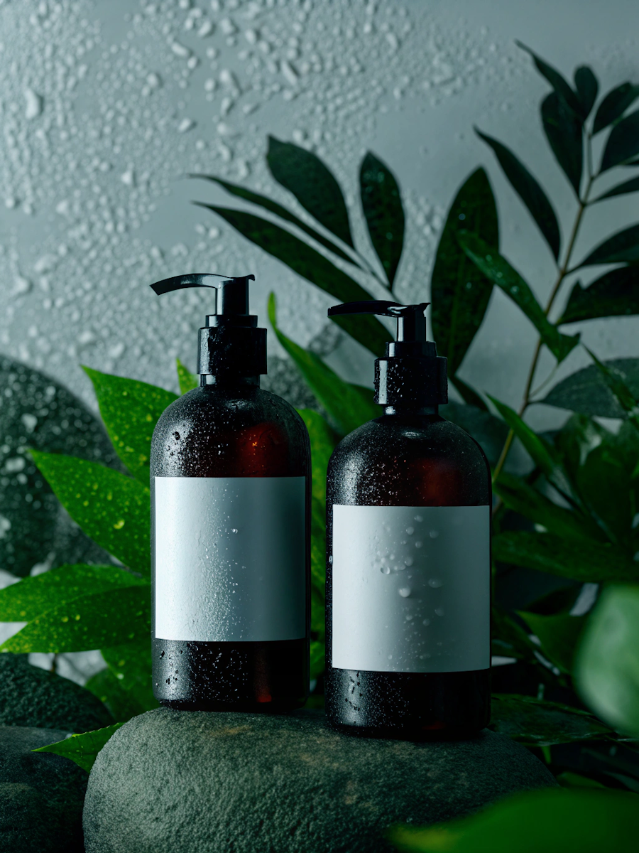 Dois frascos âmbar com pump sobre pedra e fundo de folhas