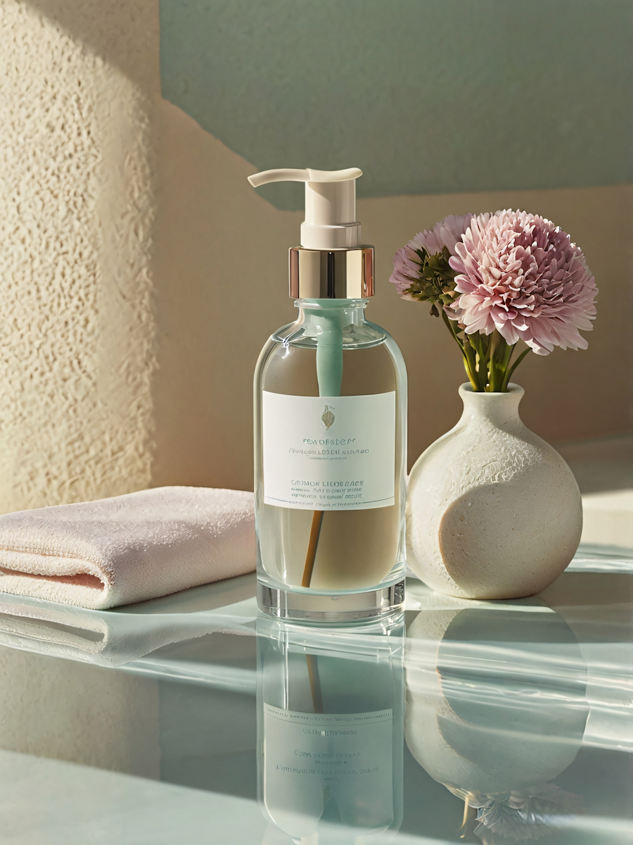 Frasco de vidro com pump ao lado de vaso com flor rosa