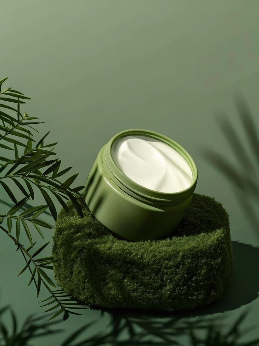 Pote de creme verde sobre base coberta de musgo
